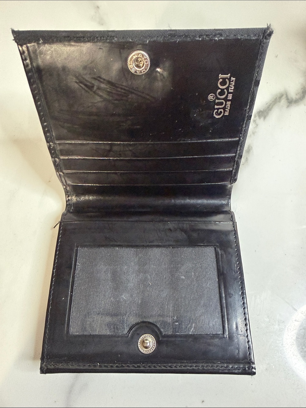 VINTAGE AUTHENTIC GUCCI GG CANVAS BLACK LEATHER BIFOLD WOMENS WALLET ITALY - Picture 3 of 5